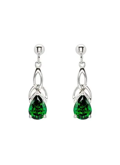 Sterling Silver Trinity Knot Drop Earrings with Green Stone